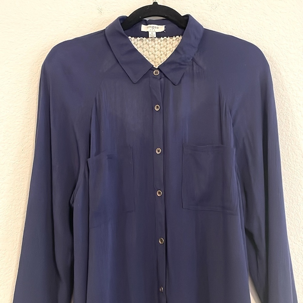 Umgee Women Button Front Shirt Medium Blue Lace Coastal Cowgirl Contemporary - Picture 6 of 15